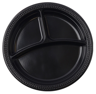 Reform Polypropylene Plates, 10.25'' Round 3-Compartment Plate, Black, 100 Plates/Bag, 400/Case.