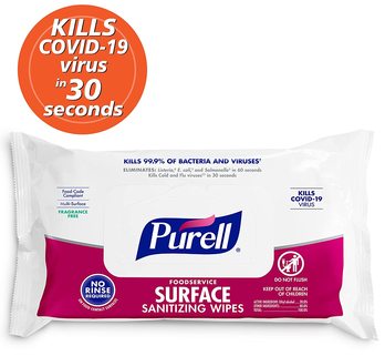 PURELL® Foodservice Surface Disinfecting Wipes. 7.4 X 9 in. 72 count flowpack, 12 packs/case.
