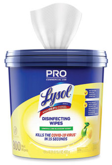 LYSOL® Brand Professional Disinfecting Wipe Buckets. 6 X 8 in. Lemon and Lime Blossom scent. 800 wipes/bucket, 2 buckets/carton.