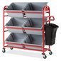 A Picture of product RCP-2144269 Rubbermaid® Commercial Tote Picking Cart, Metal, 3 Shelves, 450 lb Capacity, 57" x 18.5" x 55", Red