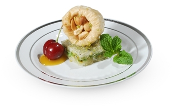 Fineline Silver Splendor Dessert Plates. 6 in. White and Silver. 15/pack, 10 packs/case.