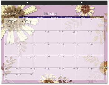 AT-A-GLANCE® Paper Flowers Desk Pad Floral Artwork, 22 x 17, Black Binding, Clear Corners, 12-Month (Jan to Dec): 2026