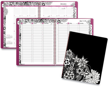Cambridge® Floradoodle Weekly/Monthly Planner Professional Floral Artwork, 11 x 8.5, Black/White Cover, 12-Month (Jan-Dec): 2026