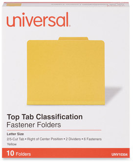 Universal® Bright Colored Pressboard Classification Folders 2" Expansion, 2 Dividers, 6 Fasteners, Letter Size, Yellow Exterior, 10/Box