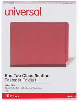 Universal® Red Pressboard End Tab Classification Folders 2" Expansion, 2 Dividers, 6 Fasteners, Letter Size, Exterior, 10/Box