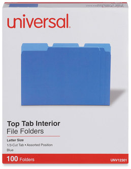 Universal® Interior File Folders 1/3-Cut Tabs: Assorted, Letter Size, 11-pt Stock, Blue, 100/Box