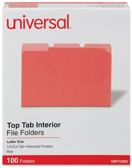 Universal® Interior File Folders 1/3-Cut Tabs: Assorted, Letter Size, 11-pt Stock, Red, 100/Box