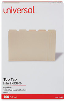 Universal® Top Tab File Folders 1/5-Cut Tabs: Assorted, Legal Size, 0.75" Expansion, Manila, 100/Box