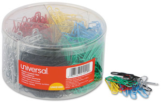 Universal® Plastic-Coated Paper Clips with Six-Compartment Dispenser Tub, #3, Assorted Colors, 1,000/Pack