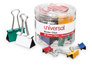 A Picture of product UNV-31026 Universal® Binder Clips with Storage Tub, (12) Mini (0.5"), Small (0.75"), (6) Medium (1.25"), Assorted Colors