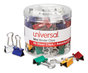 A Picture of product UNV-31027 Universal® Binder Clips with Storage Tub, Mini, Assorted Colors, 60/Pack