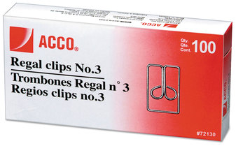 ACCO Regal Clips #3, Smooth, Silver, 100/Box