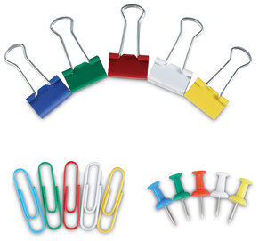 Universal® Combo Clip Pack with 3-Tier Organizer Tub, (380) Small Paper Clips, (280) Push Pins, (46) Binder Assorted Colors