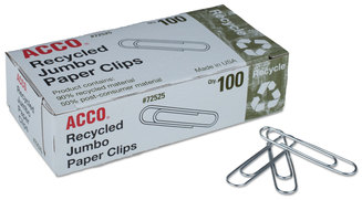 ACCO Paper Clips Recycled Jumbo, Smooth, Silver, 100 Clips/Box