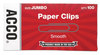 A Picture of product ACC-72580 ACCO Paper Clips Jumbo, Smooth, Silver, 100 Clips/Box, 10 Boxes/Pack