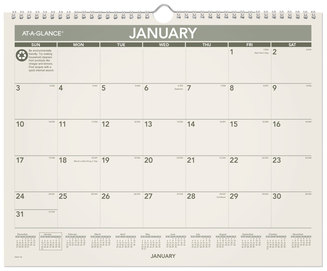 AT-A-GLANCE® Recycled Wall Calendar Unruled Blocks, 15 x 12, Sand/Green Sheets, 12-Month (Jan to Dec): 2026