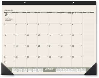 AT-A-GLANCE® Recycled Monthly Desk Pad 22 x 17, Sand/Green Sheets, Black Binding, Corners, 12-Month (Jan to Dec): 2026