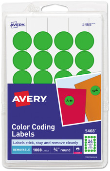 Avery® Printable Self-Adhesive Removable Color-Coding Labels 0.75" dia, Green, 24/Sheet, 42 Sheets/Pack, (5463)