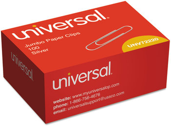Universal® Paper Clips Jumbo, Smooth, Silver, 100/Box, 10 Boxes per pack.