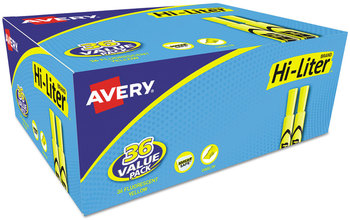 Avery® HI-LITER® Desk-Style Highlighters Highlighter Value Pack, Fluorescent Yellow Ink, Chisel Tip, Yellow/Black Barrel, 36/Box