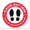 A Picture of product AVE-83090 Avery® Social Distancing Floor Decals 10.5" dia, Please Wait Here, Red/White Face, Black Graphics, 5/Pack