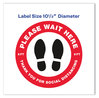 A Picture of product AVE-83090 Avery® Social Distancing Floor Decals 10.5" dia, Please Wait Here, Red/White Face, Black Graphics, 5/Pack