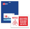 A Picture of product AVE-83175 Avery® Preprinted Surface Safe® Wall Decals 10 x 7, Wash Hands for at Least 20 Seconds, White/Red Face, Red Graphics, 5/Pack