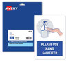 A Picture of product AVE-83179 Avery® Preprinted Surface Safe® Wall Decals 7 x 10, Please Use Hand Sanitizer, White Face, Blue/Gray Graphics, 5/Pack