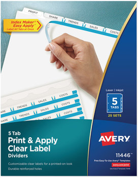 Avery® Print & Apply Index Maker® Clear Label Dividers with Easy Printable Strip and White Tabs 5-Tab, 11 x 8.5, 25 Sets