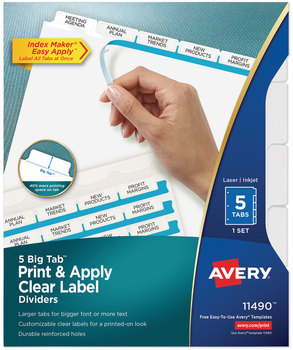 Avery® Print & Apply Index Maker® Clear Label Dividers with Easy Printable Strip and White Tabs Big Tab, 5-Tab, 11 x 8.5, 1 Set