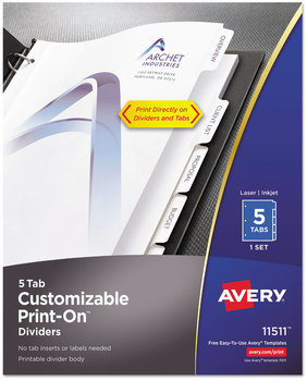 Avery® Customizable Print-On™ Dividers 3-Hole Punched, 5-Tab, 11 x 8.5, White, 1 Set