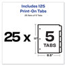 A Picture of product AVE-11517 Avery® Customizable Print-On™ Dividers 3-Hole Punched, 5-Tab, 11 x 8.5, White, 25 Sets