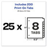 A Picture of product AVE-11554 Avery® Customizable Print-On™ Dividers 3-Hole Punched, 8-Tab, 11 x 8.5, White, 25 Sets