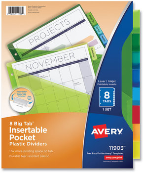 Avery® Insertable Big Tab™ Plastic Pocket Dividers 1-Pocket 8-Tab, 11.13 x 9.25, Assorted, 1 Set