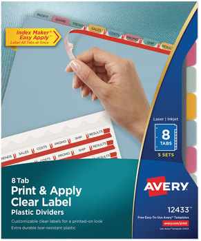 Avery® Print & Apply Index Maker® Clear Label Plastic Dividers with Easy Printable Strip and 8-Tab, 11 x 8.5, Assorted Tabs, 5 Sets
