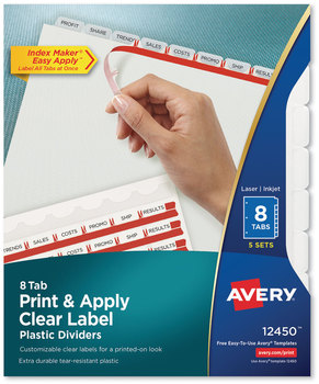 Avery® Print & Apply Index Maker® Clear Label Plastic Dividers with Easy Printable Strip and w/Printable 8-Tab, 11 x 8.5, Frosted Tabs, 5 Sets
