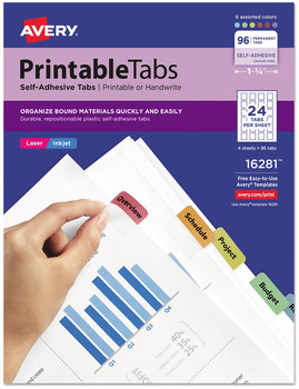 Avery® Printable Plastic Tabs with Repositionable Adhesive 1/5-Cut, Assorted Colors, 1.25" Wide, 96/Pack