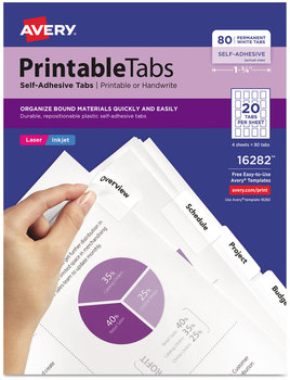 Avery® Printable Plastic Tabs with Repositionable Adhesive 1/5-Cut, White, 1.75" Wide, 80/Pack