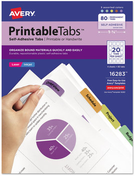 Avery® Printable Plastic Tabs with Repositionable Adhesive 1/5-Cut, Assorted Colors, 1.75" Wide, 80/Pack