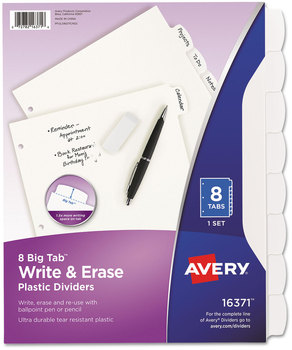 Avery® Write & Erase Big Tab™ Durable Plastic Dividers and 3-Hole Punched, 8-Tab, 11 x 8.5, White, 1 Set