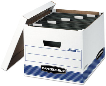 Bankers Box® HANG'N'STOR™ Medium-Duty Storage Boxes Letter/Legal Files, 13" x 16" 10.5", White/Blue, 4/Carton
