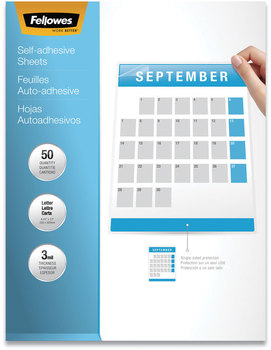 Fellowes® Self-Adhesive Laminating Sheets 3 mil, 9.25" x 12", Gloss Clear, 50/Box