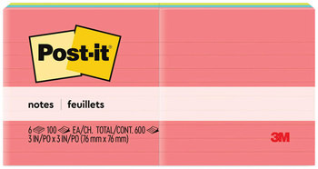 Post-it® Notes Original Pads in Poptimistic Colors Collection Note Ruled, 3" x 100 Sheets/Pad, 6 Pads/Pack