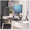 A Picture of product FEL-8020101 Fellowes® Smart Suites™ Corner Monitor Riser For 21" Monitors, 18.5" x 12.5" 3.88" to 5.13", Black/Clear Frost, Supports 40 lbs