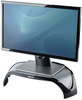 A Picture of product FEL-8020101 Fellowes® Smart Suites™ Corner Monitor Riser For 21" Monitors, 18.5" x 12.5" 3.88" to 5.13", Black/Clear Frost, Supports 40 lbs