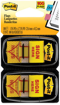 Post-it® Flags Arrow Message 1" Page "Sign Here", Yellow, 50 Flags/Dispenser, 2 Dispensers/Pack