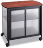A Picture of product SAF-1859BL Safco® Impromptu® Deluxe Machine Stand with Doors w/Doors, Wood, 3 Shelf, 34.75 x 25.5 30.75, Cherry/White/Black, Ships in 1-3 Business Days