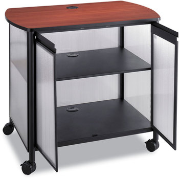 Safco® Impromptu® Deluxe Machine Stand with Doors w/Doors, Wood, 3 Shelf, 34.75 x 25.5 30.75, Cherry/White/Black, Ships in 1-3 Business Days
