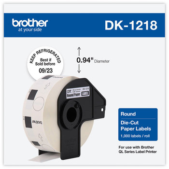 Brother Pre-Sized Die-Cut Label Rolls Round Paper Labels, 0.94" dia, White, 1,000 Labels/Roll