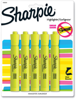 Sharpie® Tank Style Highlighters Fluorescent Yellow Ink, Chisel Tip, Barrel, 5/Pack